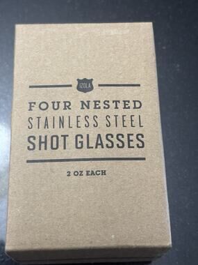 Izola Spanish Toast 4 Nested Stainless Steel Shot Glasses 2oz Box Pouch NIB